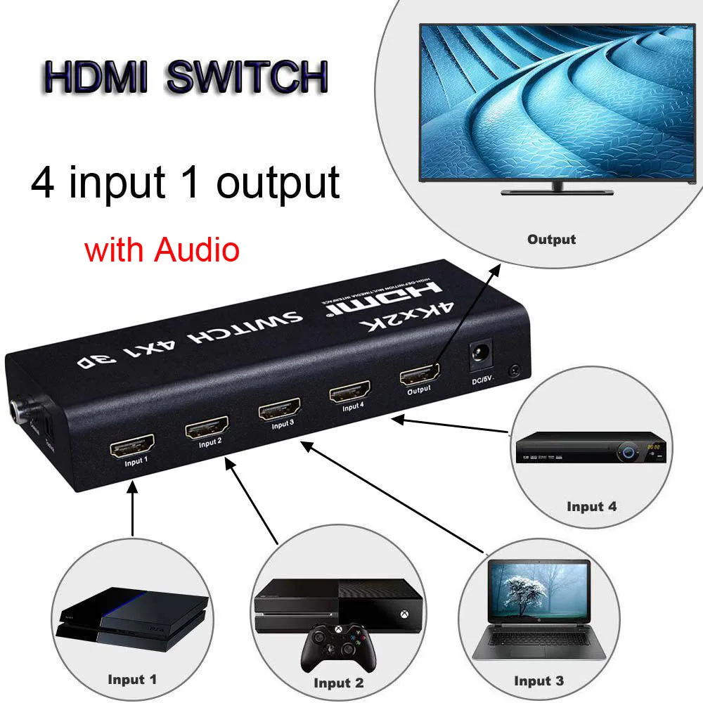 4k x 2k 4x1 HDMI переключатель 3D с ИК дистанционным управлением Toslink коаксиальный AUX