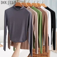 doujili casual wearing top shirts solid color soft tight round high collar long sleeve women top tees