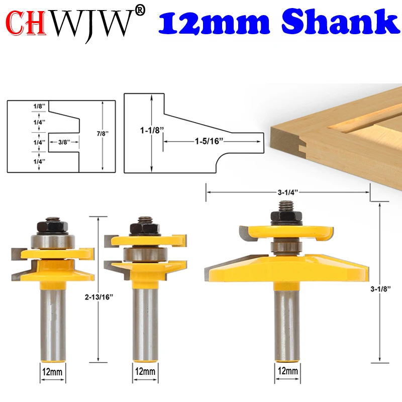 CHWJW 12mm Shank Shaker 3 Bit Raised Panel Cabinet Door Router Bit Set with Back-cutter Panel Raiser