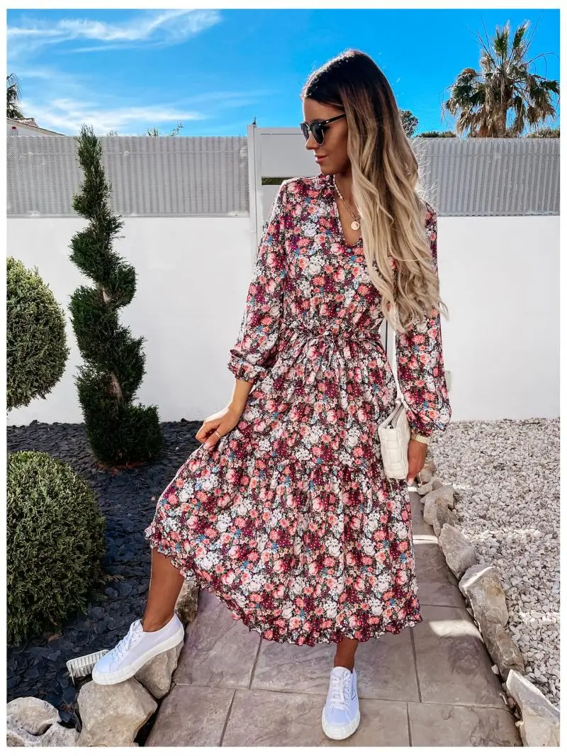 

Summer Dresses Women Retro Dress High Waist Ruffle Lady Casual Dress Sexy V-Neck Floral Printed Puff Sleeve Female Vestido 2021