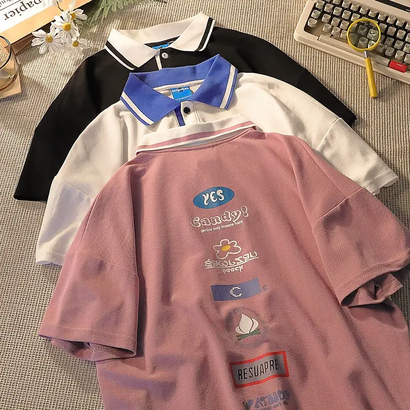 Женская хлопковая Футболка-поло с милым принтом летняя розовая свободная в стиле