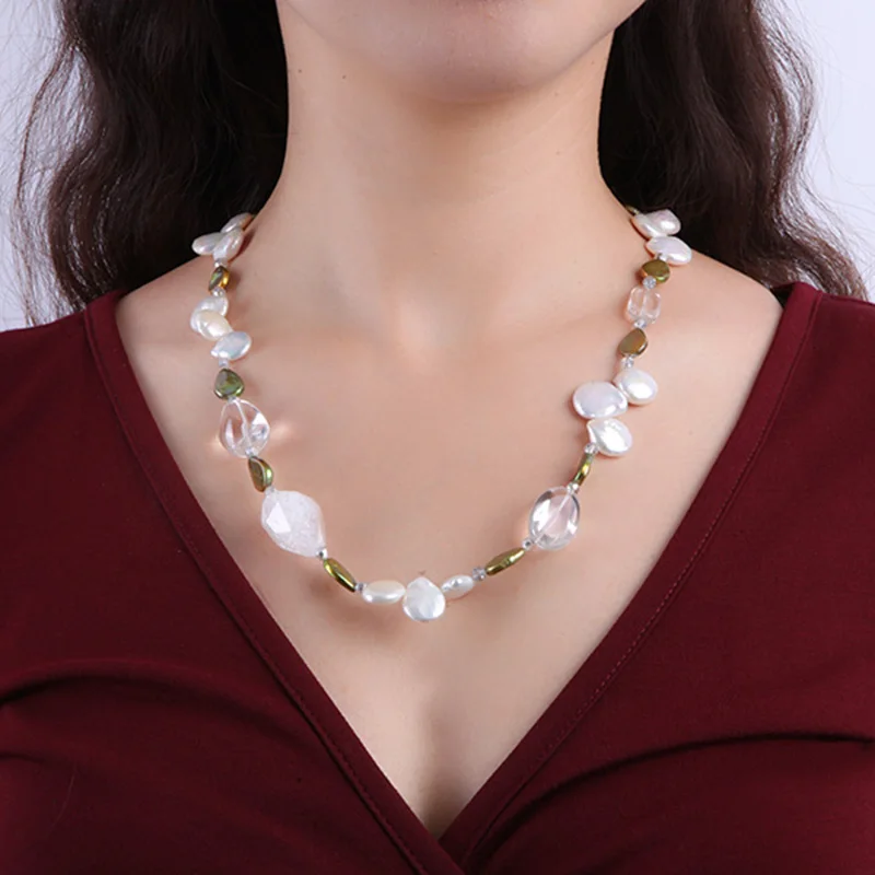 

JYX New Baroque 2020 Elegant Pearl Necklace Natural baroque with crystal 13.5*12.5mm irregular necklaces 23"
