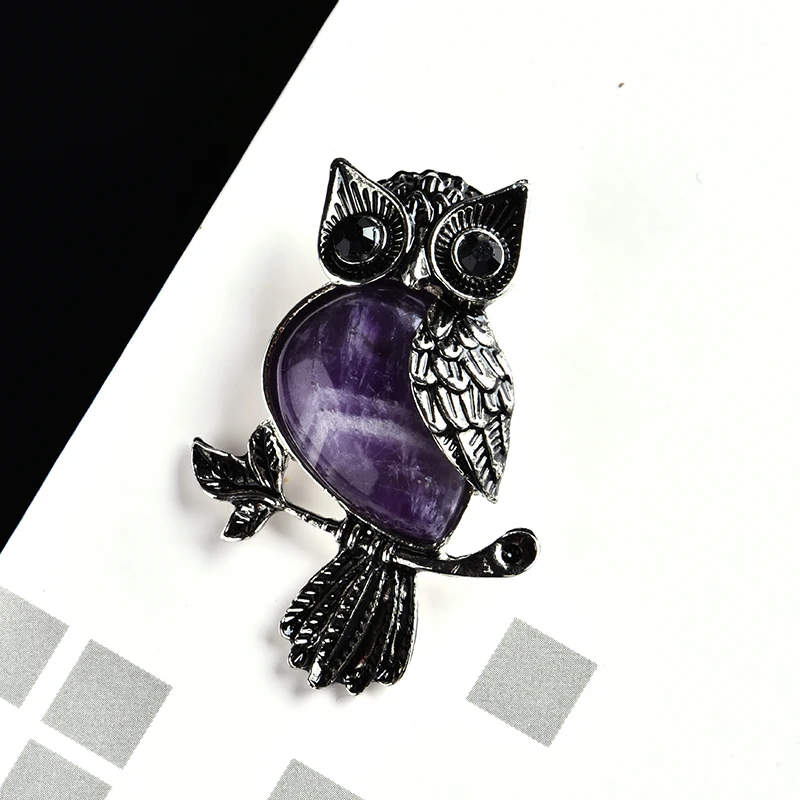 

1PC natural crystal stone jewelry couple decoration amethyst owl brooch holiday fashion gift decoration accessories female