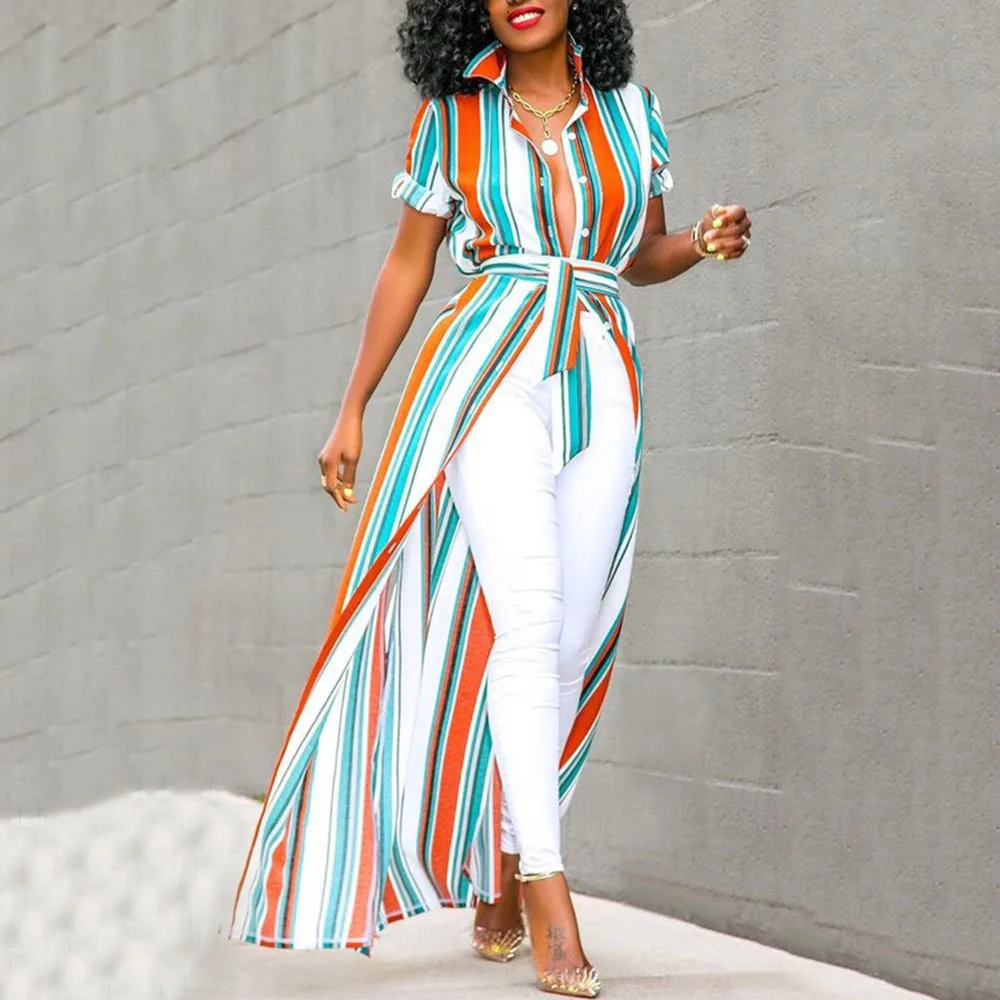 Сексуальные Длинные Полосатые блузки рубашки на лето 2019 повседневная Офисная