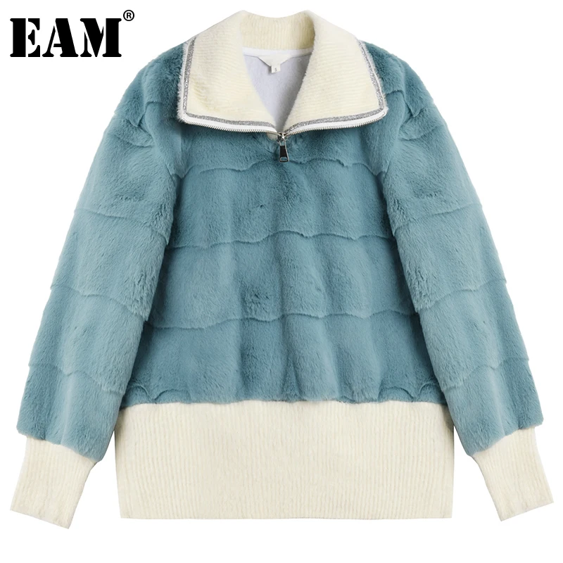 

[EAM] свободный крой, синий, большой размер, мягкая теплая куртка, новинка, с отворотом, с длинным рукавом, Женское пальто, модное, весна, осень ...