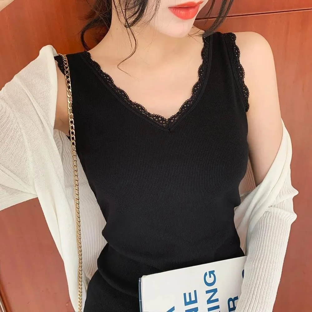 Женский хлопковый жилет с V-образным вырезом и кружевом Универсальный облегающий