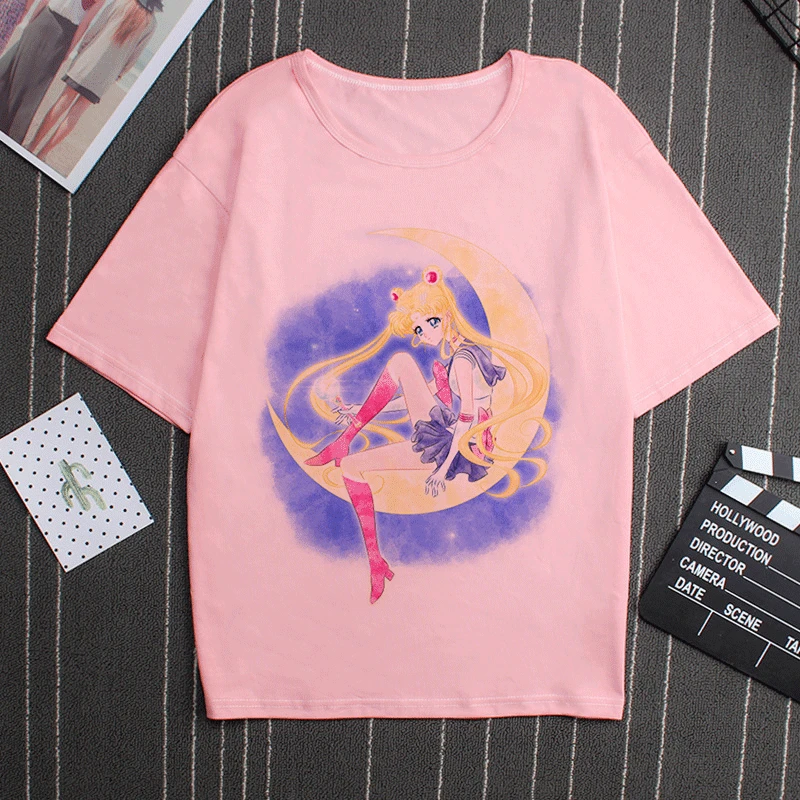 2874 Sailor Moon 90s Funny Pink T Shirt Harajuku Clothes Tshirt Aesthetic Cat Anime Vogue T-shirt Kawaii Graphic Tees Ullzang Women - Цвет: 2874