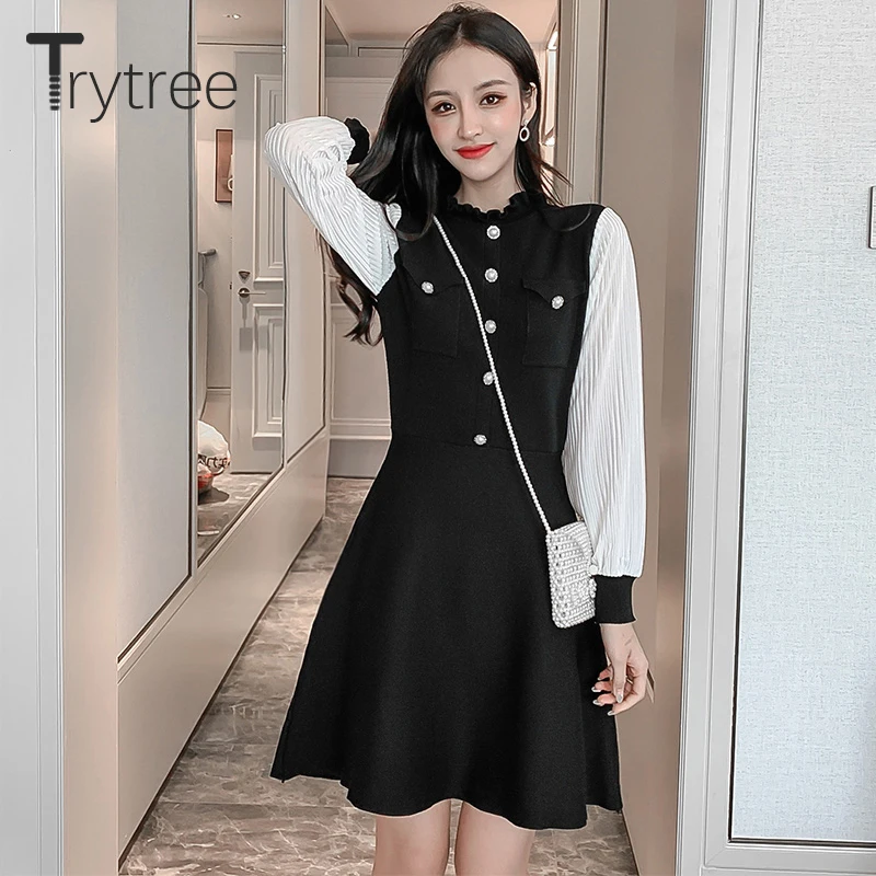 Trytree осенне-зимнее платье женское Повседневное с круглым вырезом и оборками