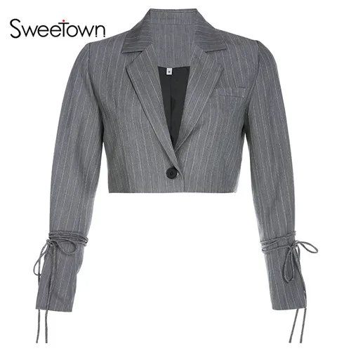 gray Sweetown Англия Стиль полосатая укороченная куртка на осень, одежда для прогулок, один на пуговицах, с отложным воротником, женские куртки и пальто - Цвет: gray