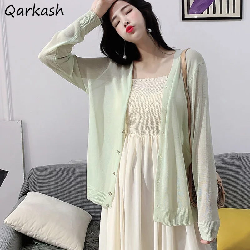 

Women Cardigans Solid V-neck Knitted Elegant Female Loose Casual Streetwear Retro All-match Sun Protection Basic Daily Ulzzang