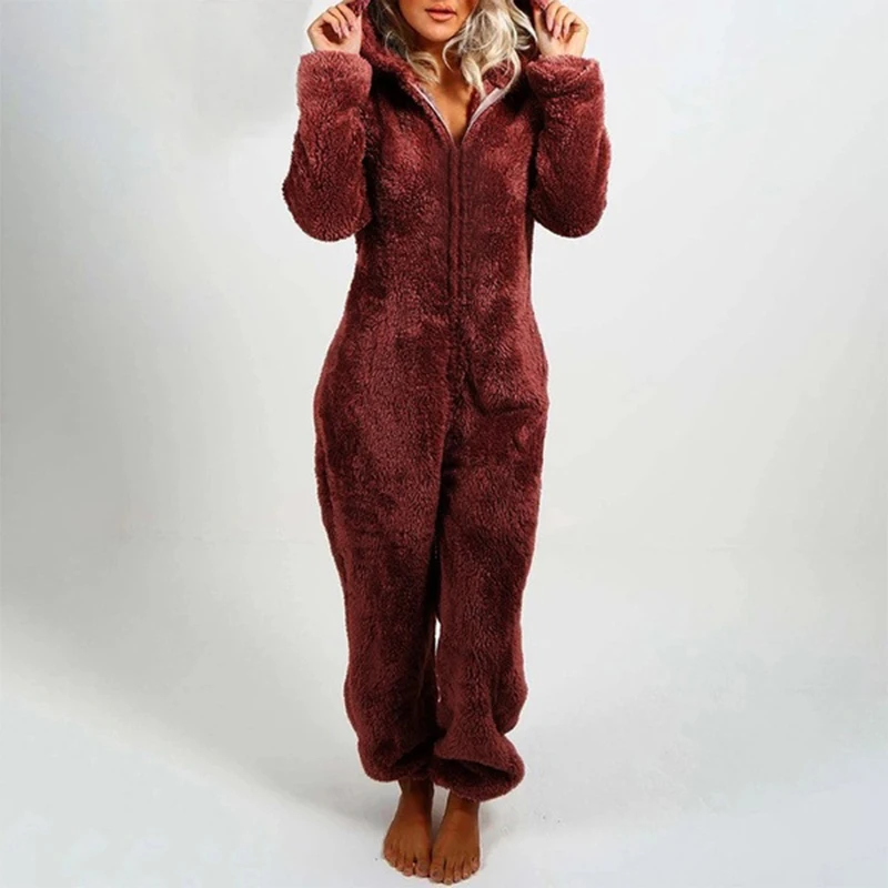 

Warm Pajama Adults Autumn Winter Hooded Rabbit Ear Fleece Onesie Women Velvet Sleepwear Long Sleeve Jumpsuit Pajamas Female