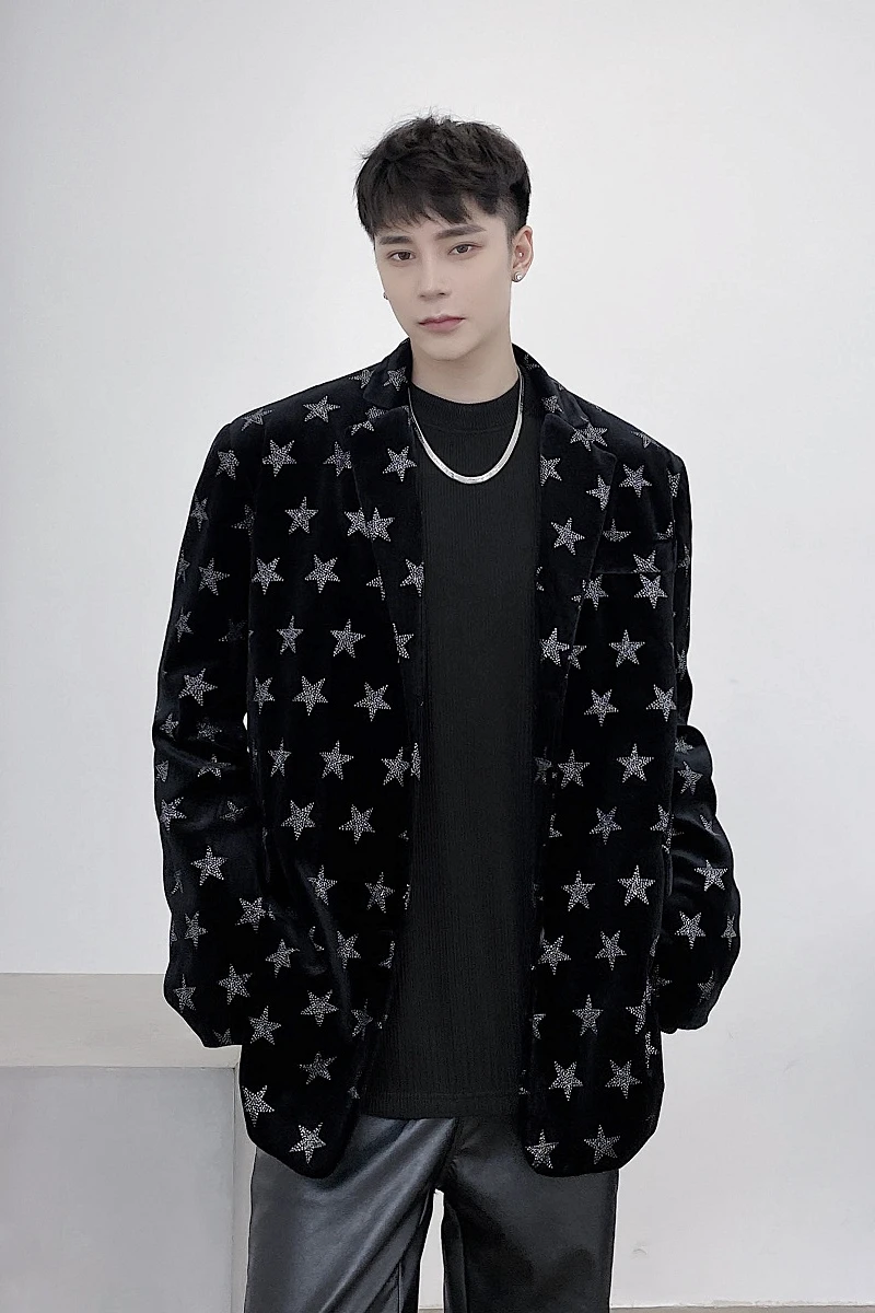 

Male Stage Fashion Show Clothing Dress Suit Coat Outerwear Men Velvet Star Bright Diamond Loose Casual Suit Blazers Jacket