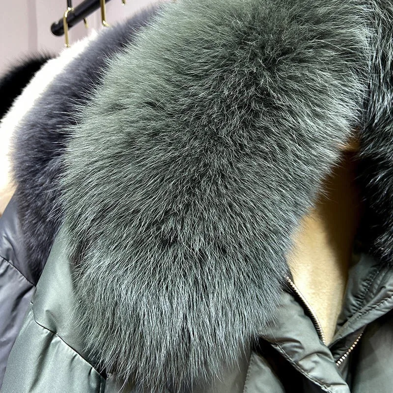 

Winter Fall 2020 Women Real Big Fox Fur Hooded Beige Green Black Grey White Duck Feather Down Coat , Womens Loose Coats