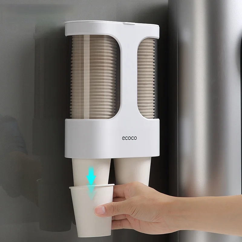 

Disposable Paper Cups Dispenser Dustproof Water Plastic Cup Holder Rack Wall Mounted Automatic Cup Storage Container