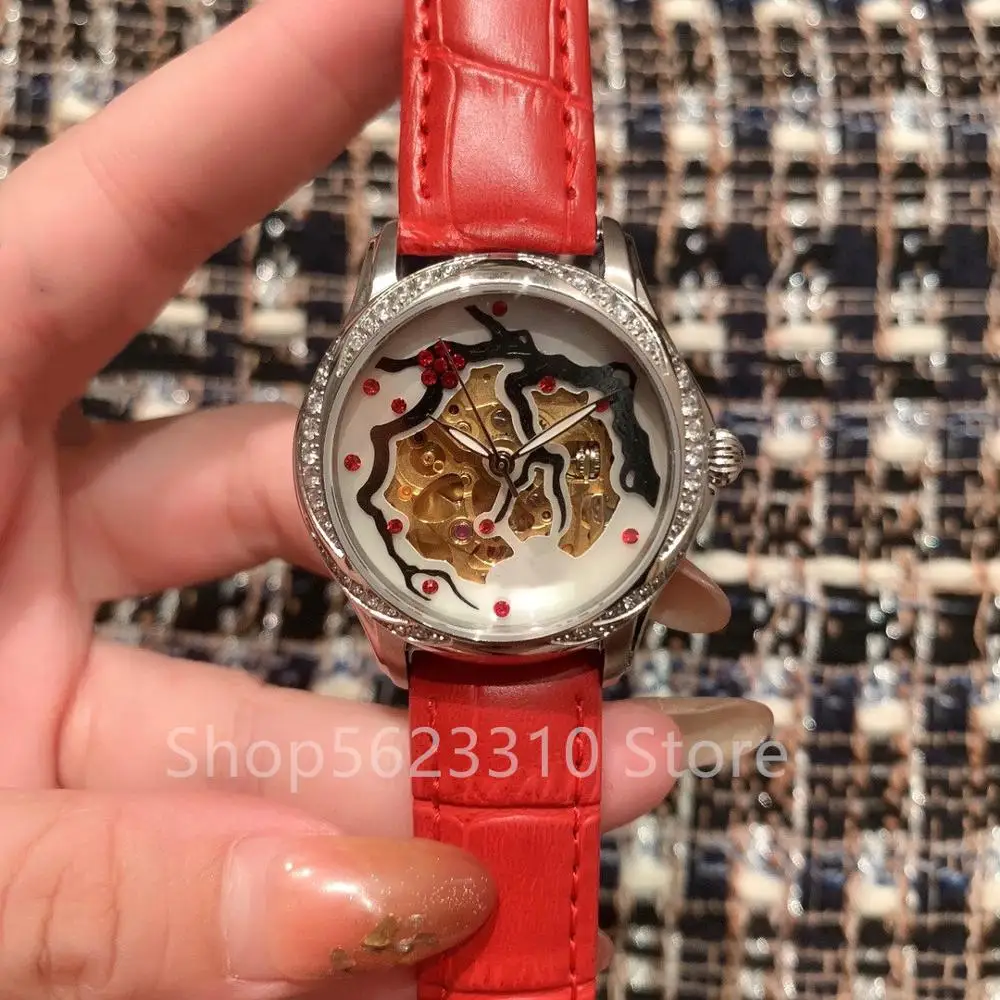 Элегантные механические часы с цветком сливы женские Автоматические наручные