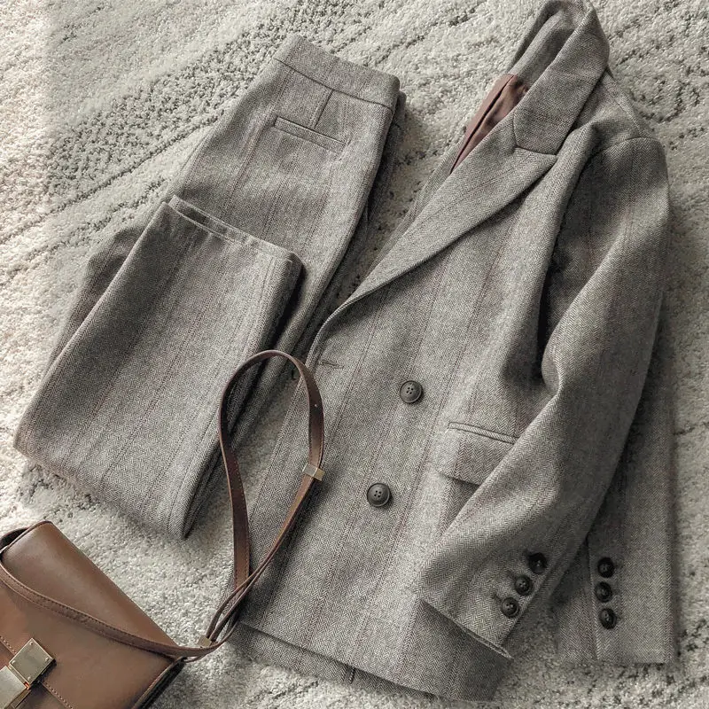 Женский шерстяной костюм в Корейском стиле, свободный пиджак и брюки в стиле ретро, модель y174 на осень и зиму, 2020
