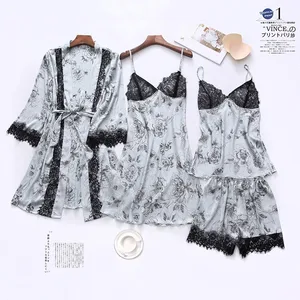 Комплект женский кружевной с цветочным принтом, пижама-кимоно, ночная рубашка, пикантный черный ночной комплект, Повседневная Домашняя одежда, весна-лето