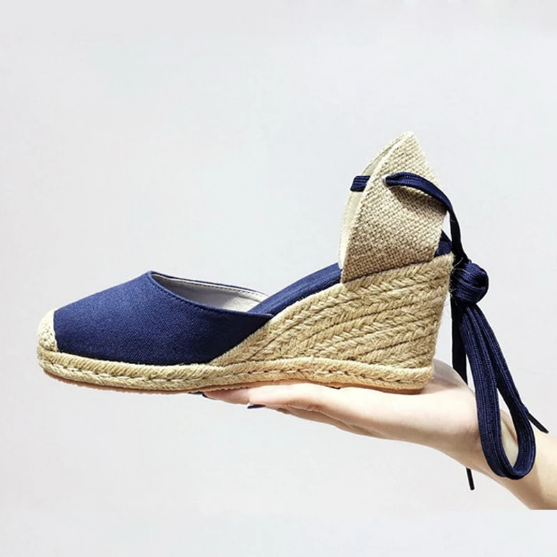 Сандалии женские холщовые эспадрильи на танкетке ремешок щиколотке шнуровка