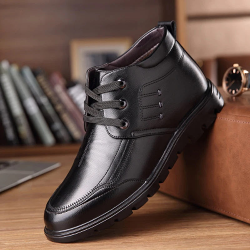 

2021 Winter Men Warm Lined Shoes Business Comfy Non Slip Ankle Boots Casual Solid Color Lace-Up Basic Low-Heeled Male Footwears