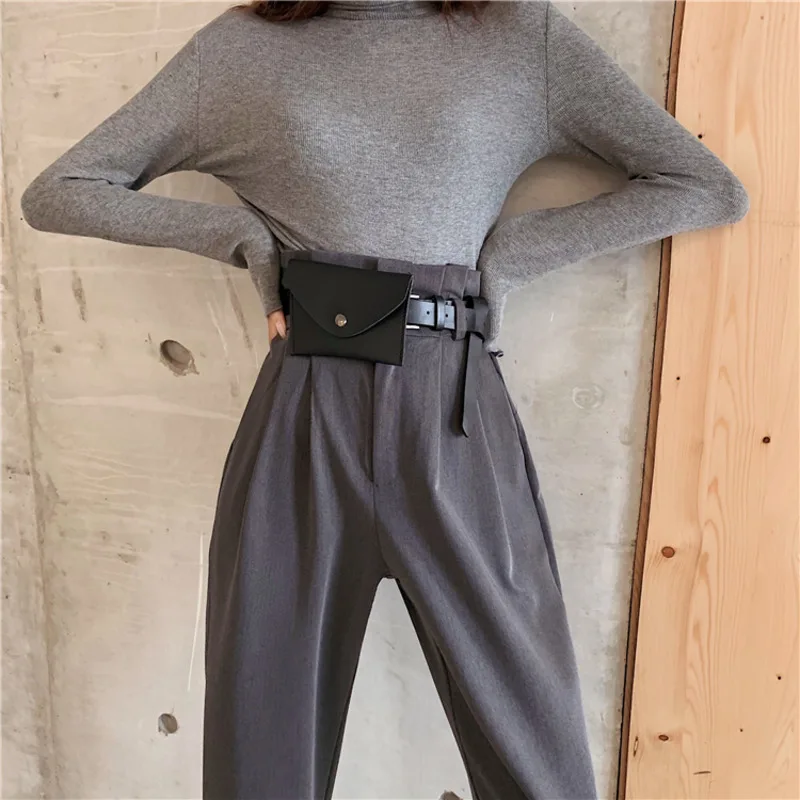 Элегантные офисные брюки с высокой талией прямые для женщин черные серые работы
