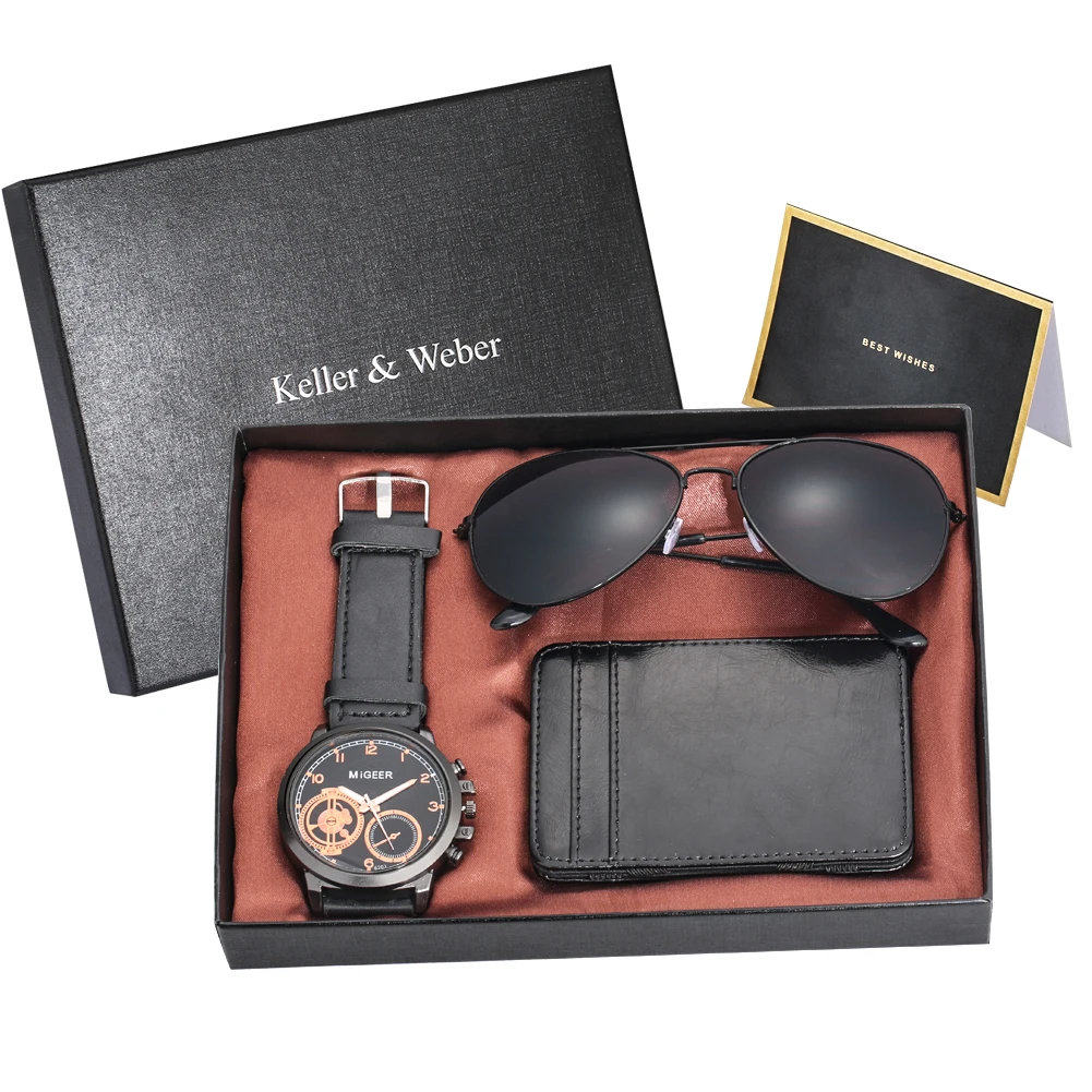 Exquisite Mens Wristwatch Credit Wallet Sunglasses Gift Set Quartz Watch Leather Wallets Fine Sunglass Gifts for Husband Father luxury rose gold men s watch leather card credit holder wallet fashion sunglasses sets for men unique gift for boyfriend husband