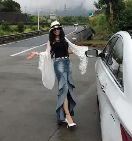 

Jeans skirt Ruffle Swallowtail skirt Denim Women Summer Long