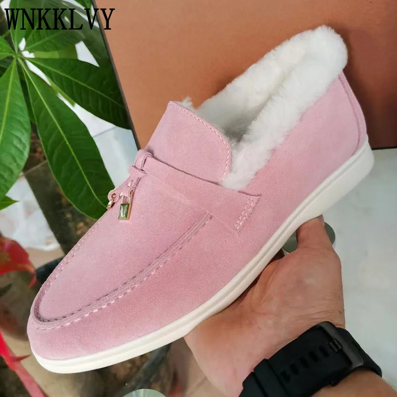 

Ботильоны на плоской подошве и шерстяной подкладке для женщин и детей, замшевые удобные зимние ботинки с круглым носком и меховым воротнико...