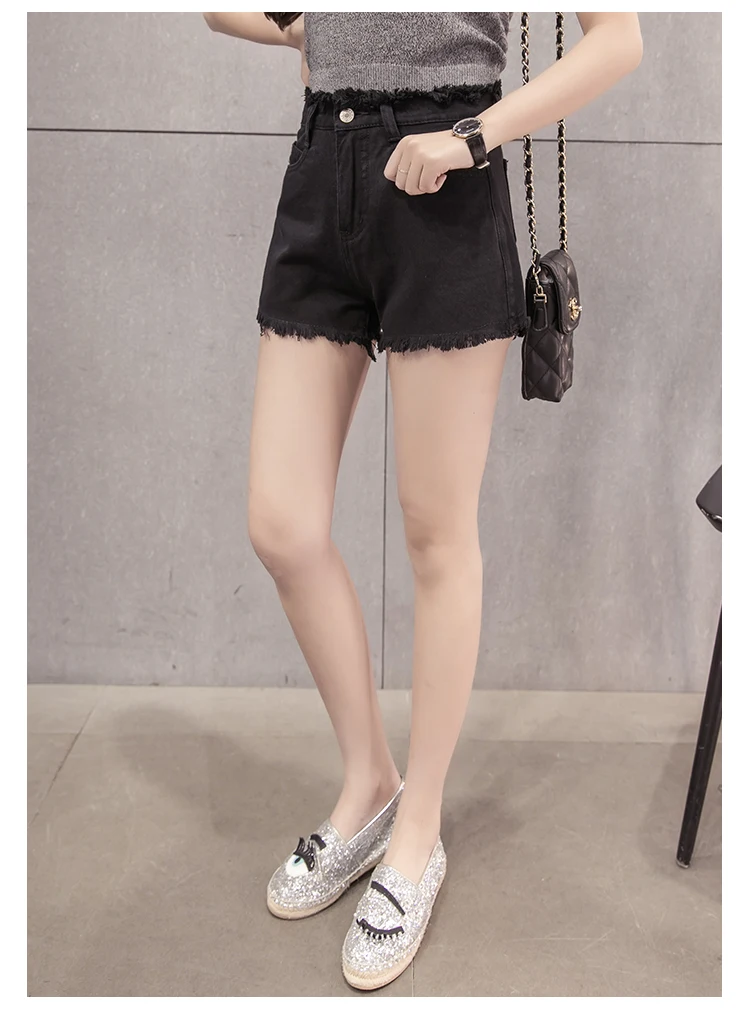 

Korean version of high waist slim body, fur-fringed versatile wide-leg pants for schoolgirl denim shorts