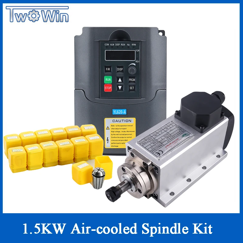 

1.5KW Square Air Cooled Spindle Motor Kit CNC Spindle Motor 110v/220v YL/HY Inverter Milling Machine Spindle Set with ER11 Set