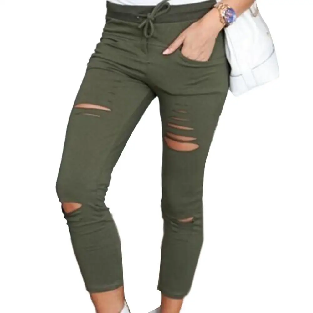 

Ladies Pants Solid Color Drawstring Sexy Women's High Waist Pants Cotton Stretch Pencil Pants Skinny Ripped Leggings