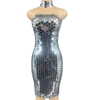shining mirror sequins decoration dress knee length strapless nightclub dance show wear stage wear lady performance suit