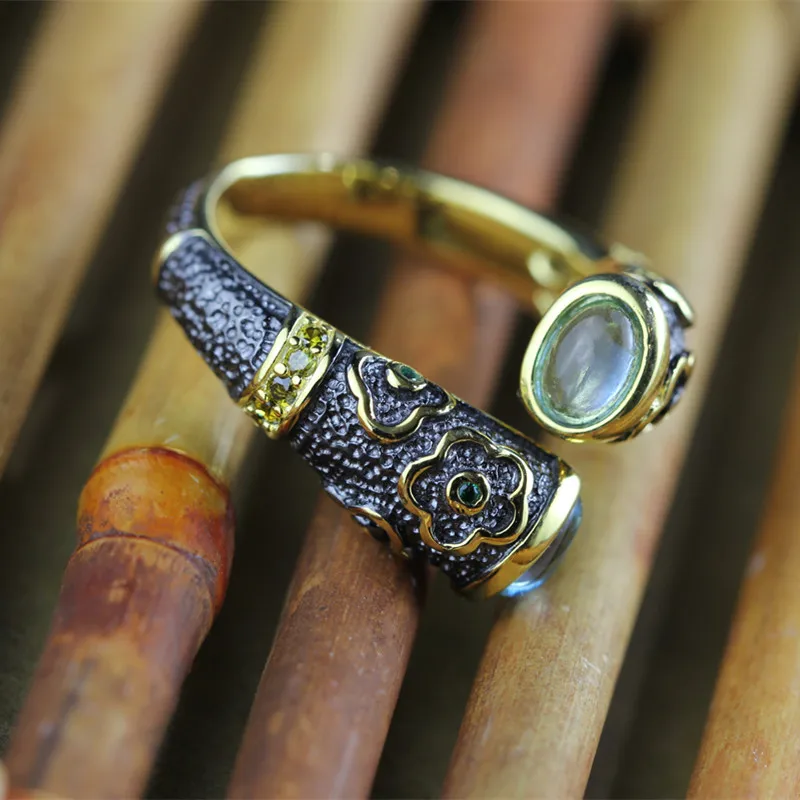 925 Sterling Silver Ring Inlaid Natural Blue Topaz Vintage Enamel Rings For Men And Women Lovers Opening 18k Gold Plated | Украшения и