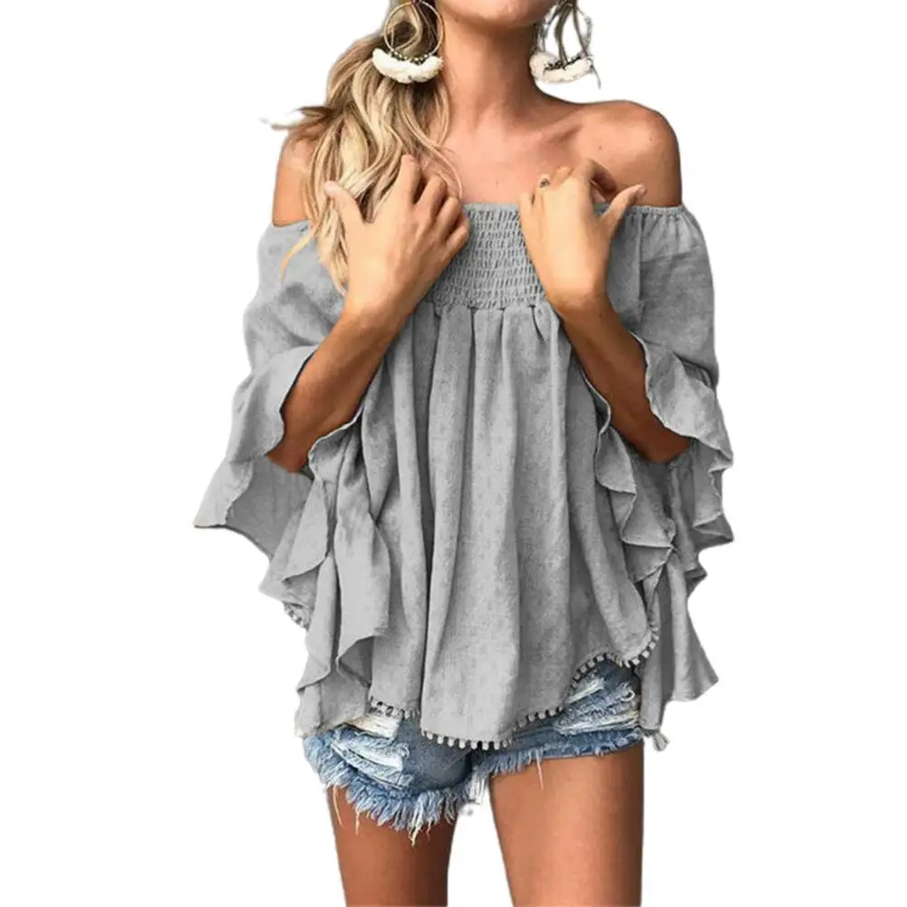

Однотонная женская блузка с рукавом летучая мышь, тонкая летняя рубашка с открытыми плечами и оборками, пуловер, элегантная женская рубашка...
