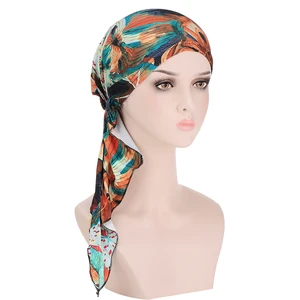 Women's Muslim Hijab Fashion Flower Print Turban Cap Hair Loss Headscarf Elastic Cotton Muslim Hijab Caps Scarf Headwear