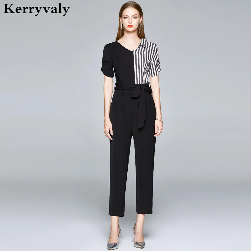 

Summer Black High Waist Playsuit Vestidos Za Verano 2021 Stripes Stitching Hit Color Waistband Straight-Leg Pants Jumpsuit K9216