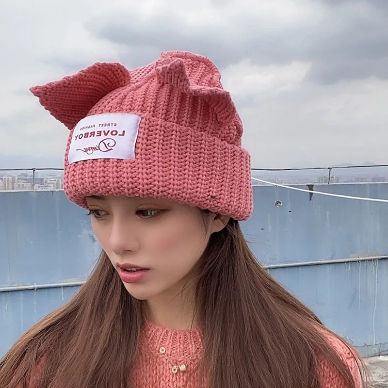 

Winter Cartoon Fox Ear Skullies Soft Warm Women Hats Crochet Knitted Beanie for Girls Ladies Gifts Hip-hop Cap 2020 Fashion