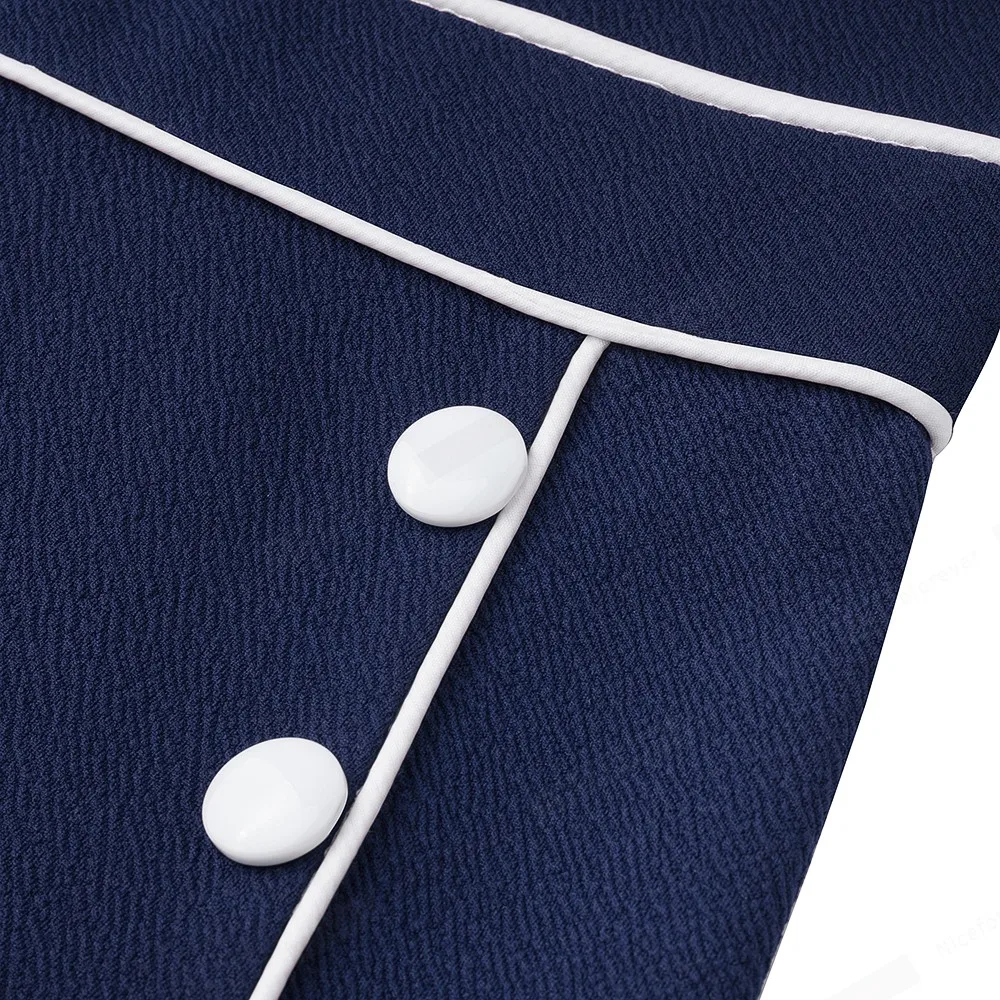 

Women Retro Elegant O Neck Short Sleeve Striped A-Line Dress with Decorative Buttons HA259