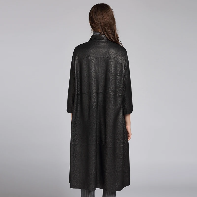

Fall winter 2020 fashion long leather windbreaker leather coat sheepskin casual loose leather windbreaker coat