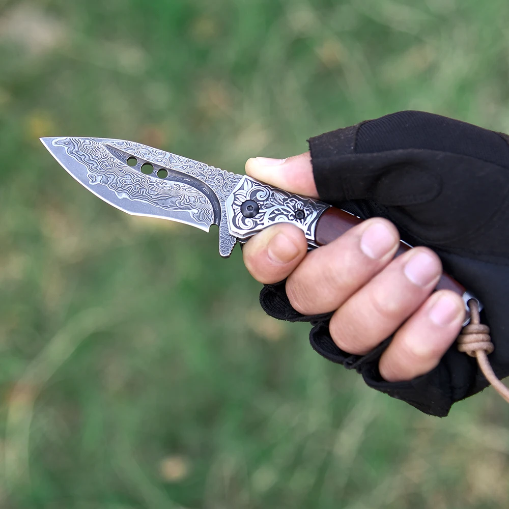 

DUANZAOSHI Damascus steel Folding knife Red Wood Handle EDC Tools Tactical Knifes self-defense outdoor survival knife
