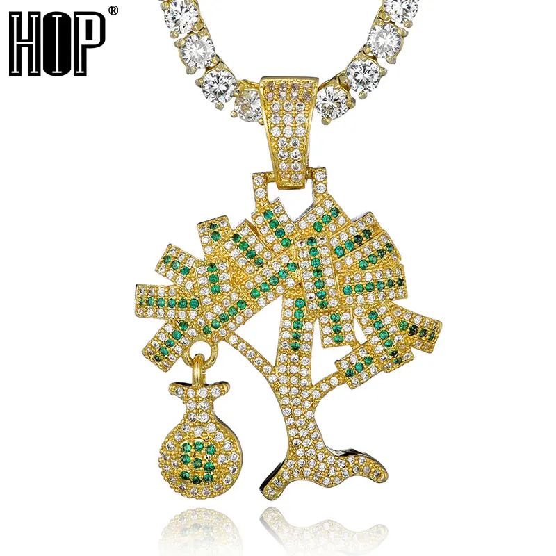 

Hip Hop Bling CZ US Dollar Money Tree Iced Out Cubic Zircon Necklaces & Pendants For Men Jewelry Charm Tennis Chain