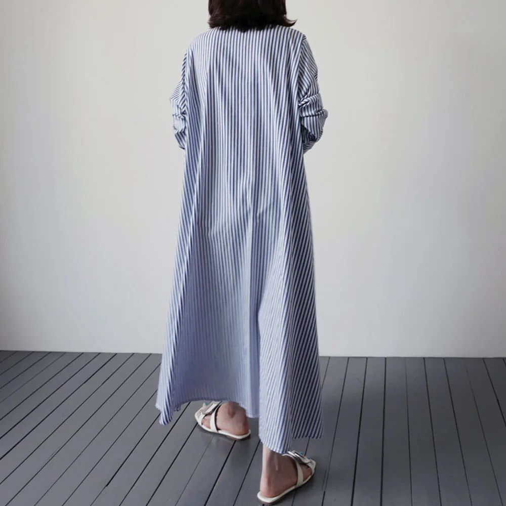 

2021 Korean Fashion Stripe Shirt Dress Long Collarless Autumn New Fungus Solid Color Long Sleeve Casual Temperament Simplicity