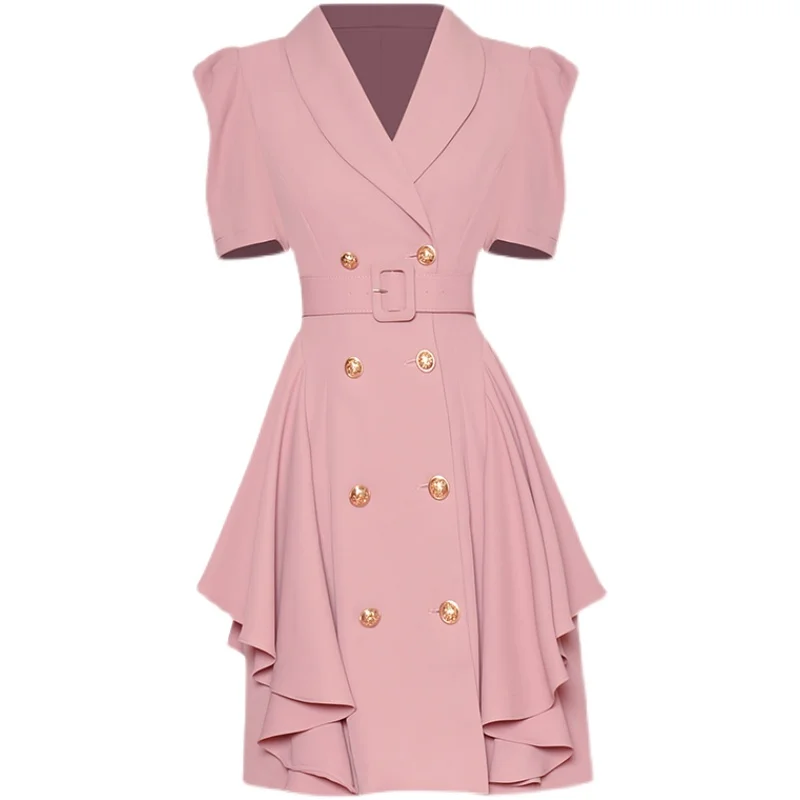 

High Quality Newest Nice Designer Vogue Short Sleeve Double Breasted Notched Collar Belted Dress