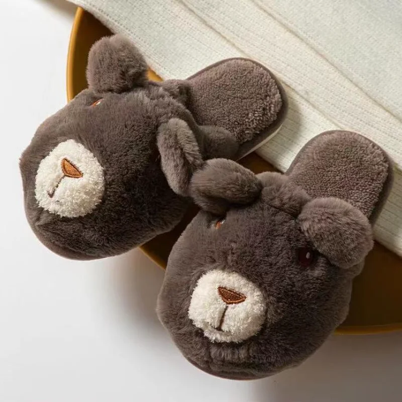 

Bear Head Fur Slippers Women Flat Cotton Winter Warm Home Cute Slippers Cartoon Girls Shoes Plush Slippers Adult Flat Slippers
