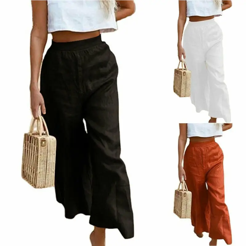 

Womens Ladies Wide Leg Pants Baggy Casual Solid Loose Fit Long Trousers Bottoms