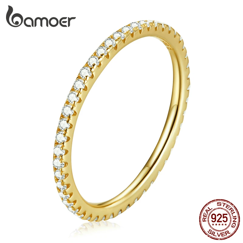 

bamoer 925 Sterling Silver Simple Elves Plated Gold Finger Ring for Women Fashion Dazzling CZ Stone Anillos Jewelry Party Gift