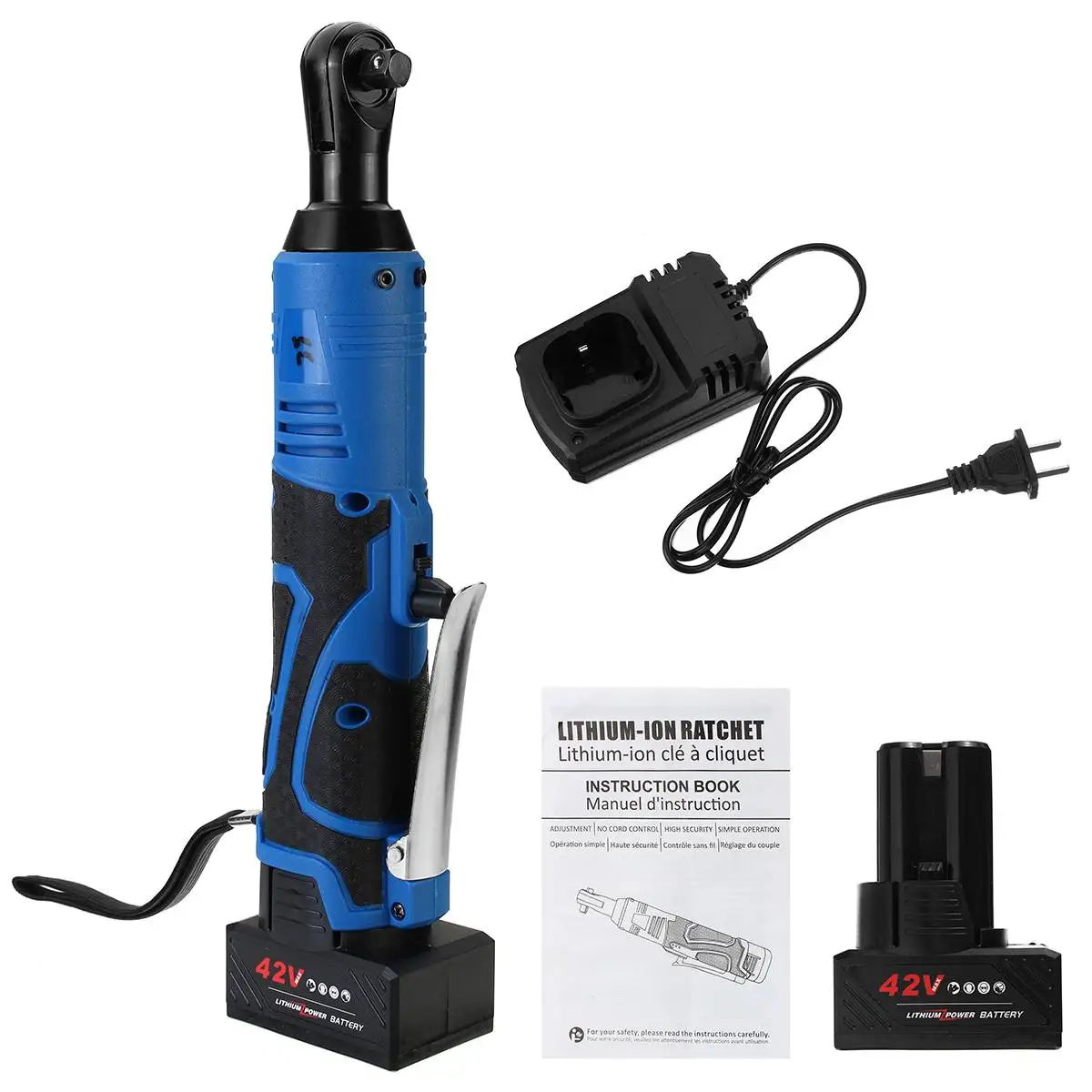 

100Nm Electric Wrench 3/8" Cordless Ratchet 42V Rechargeable Scaffolding Right Angle Wrench Tool with 1/2 Battery Charger Kit