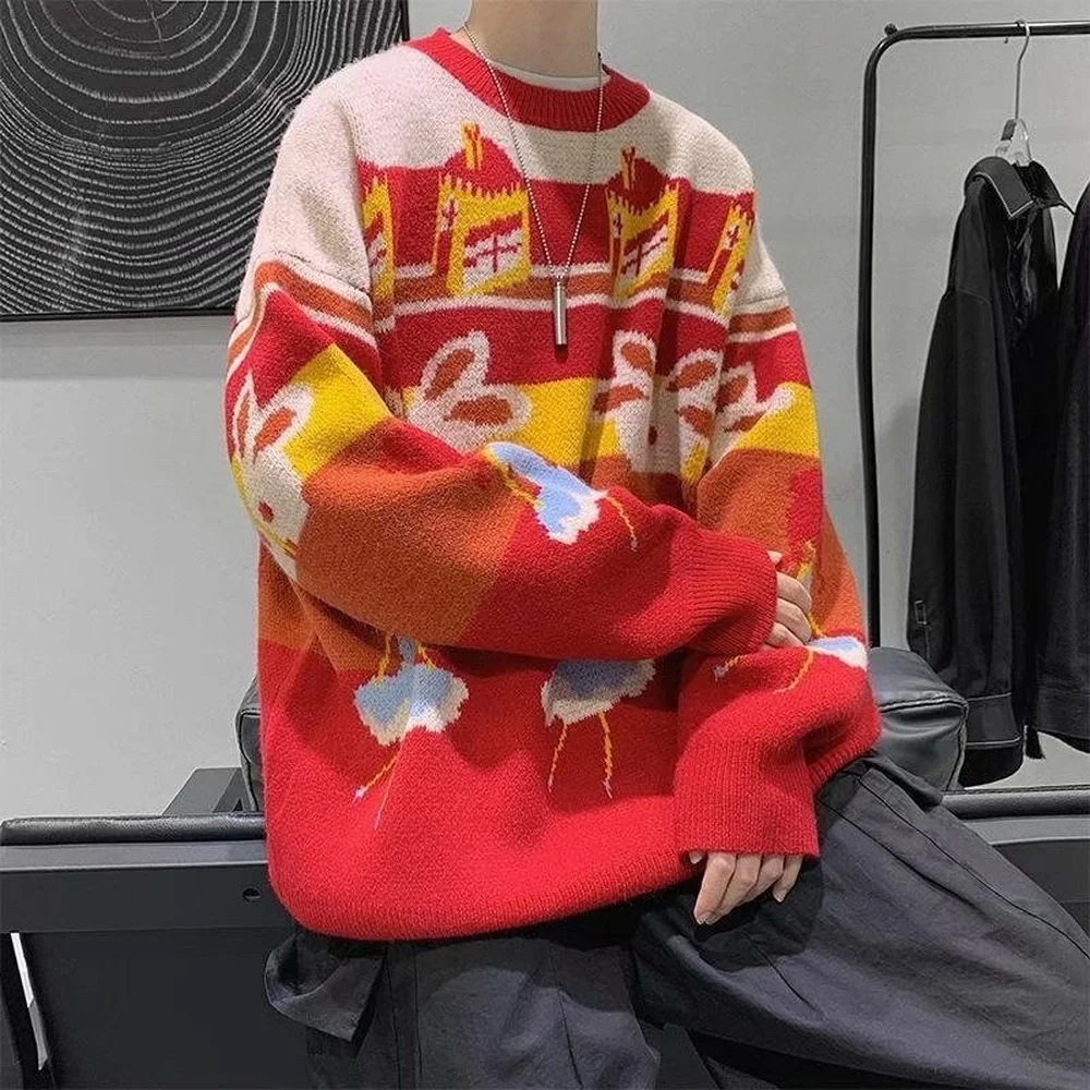 

Красный свитер, мужские свитера с круглым вырезом, корейский Модный Свитер оверсайз, вязаные рубашки с длинными рукавами, Мужская модная од...