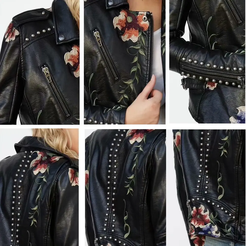 Женская мотоциклетная куртка из искусственной кожи Черная байкерская с