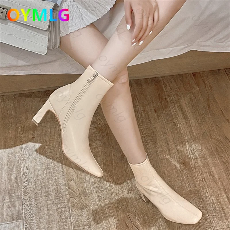 

Осень-зима 2021, эластичные ботинки на толстом каблуке, женские короткие ботинки на среднем каблуке, с квадратным носком и боковой молнией