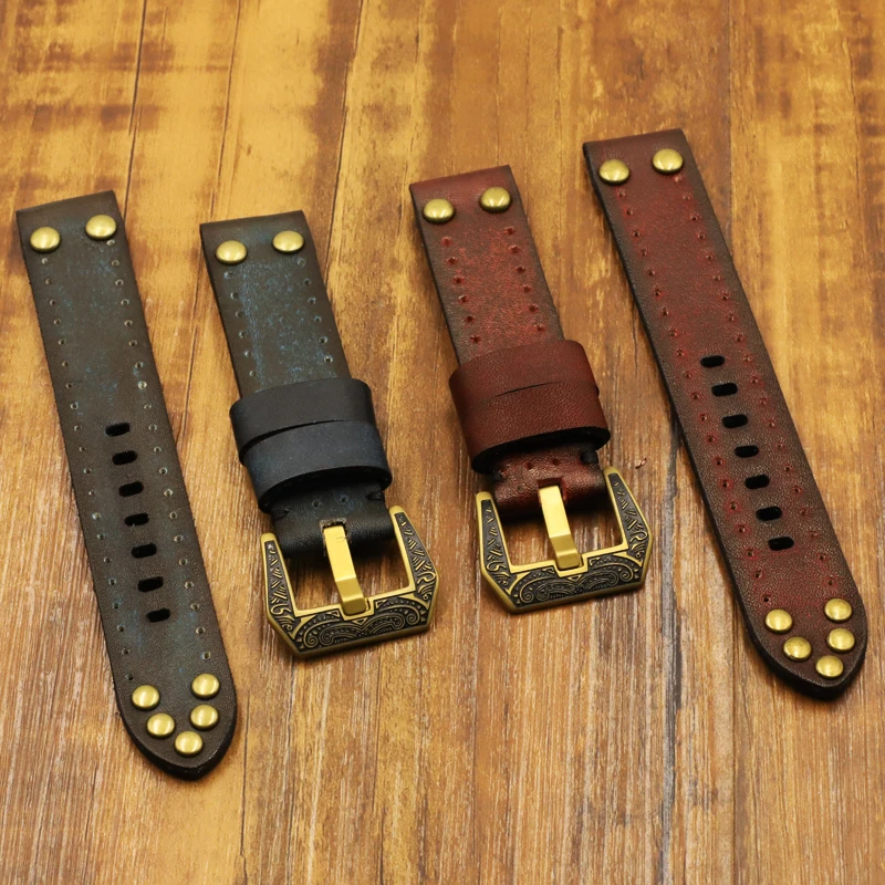Onthelevel Vintage Fashion Watch Strap 20 22 24mm Watch Bracelet Black Blue Yellow Watchband Belt With Rivets Carving Buckle #E